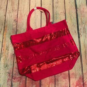 Victoria's Secret Tote Bag Womens Large Pink Sequin Stripe Bright Barbiecore